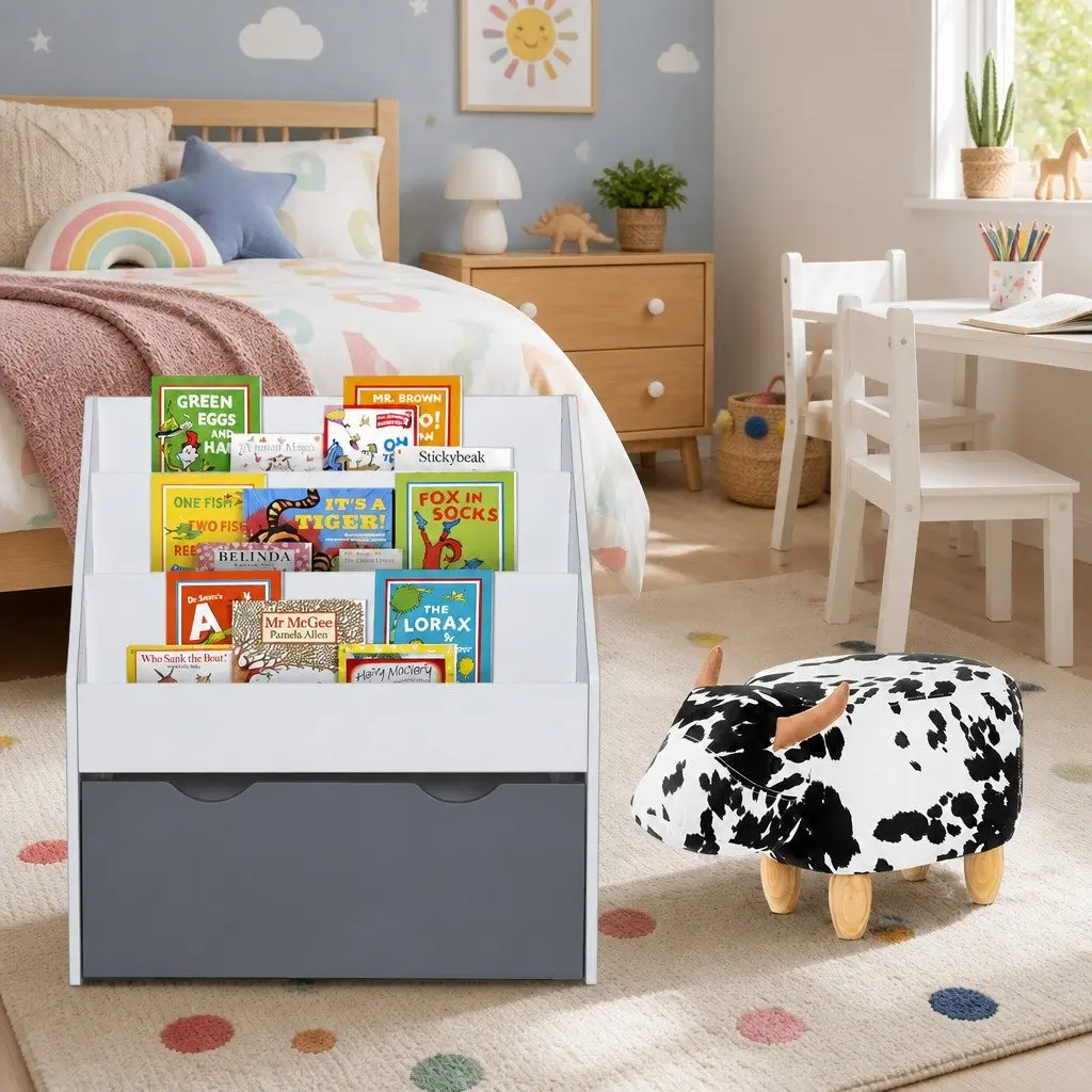 Kids Bookshelf 3 Tier Storage Organiser with Removable Toy Box White or Grey