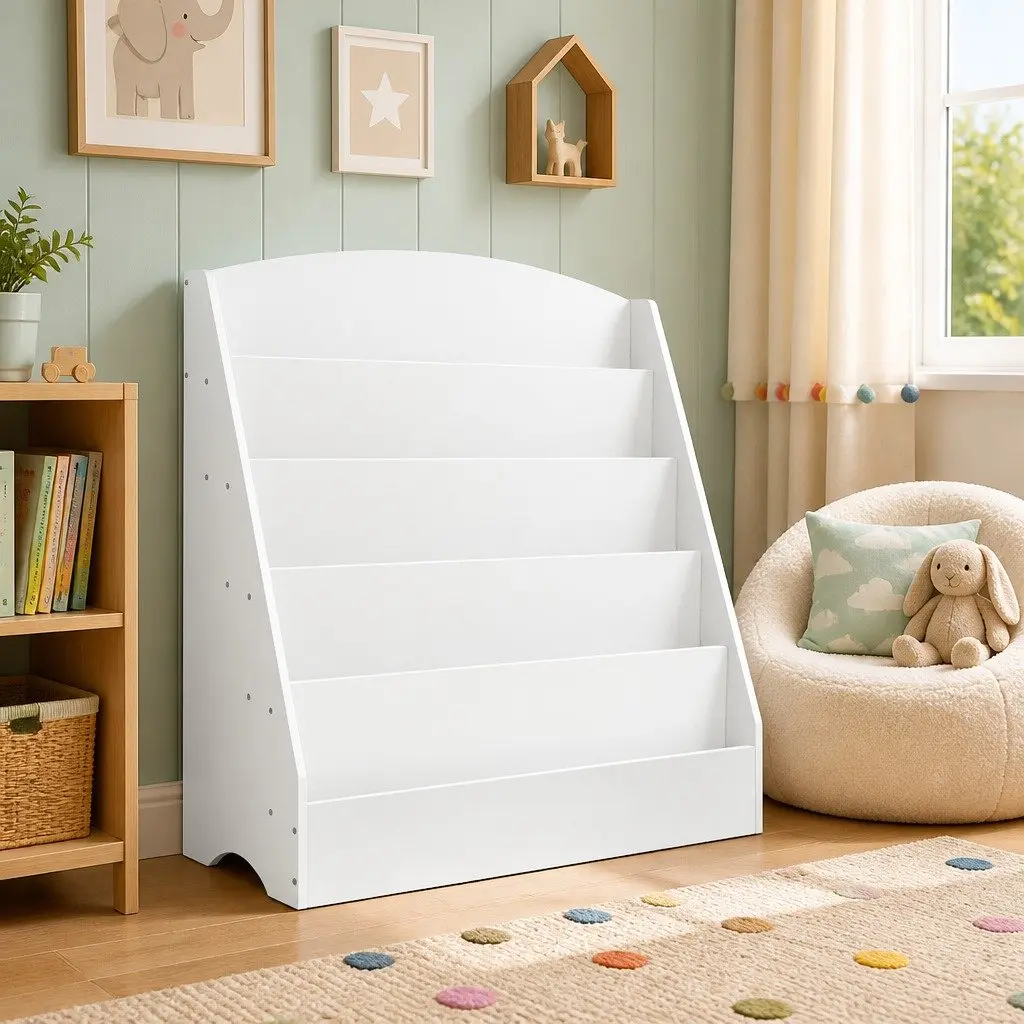 Kids Bookshelf 5 Tier Child Safe White Storage Organiser Bookcase