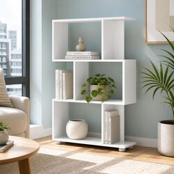 3-Tier White Zig-Zag Bookshelf with Secure Storage