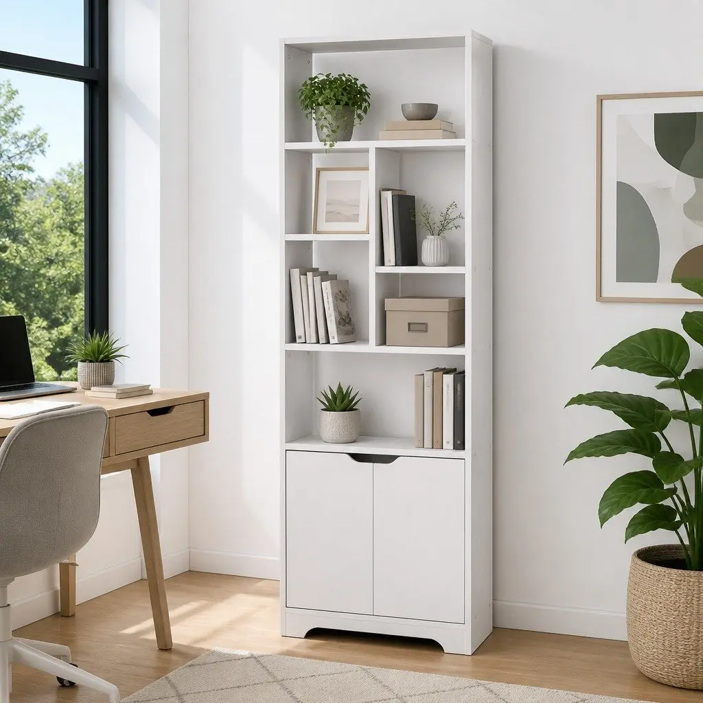 Bookshelf with Cabinet Compact Storage Unit 60cm x 23.5cm x 180cm White