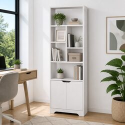 White Bookshelf with Cabinet - 8-Tier Storage Unit