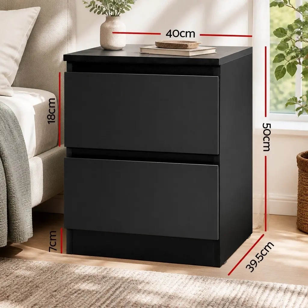Bedside Table 2 Drawers Black Nightstand Storage Cabinet Bedroom Furniture