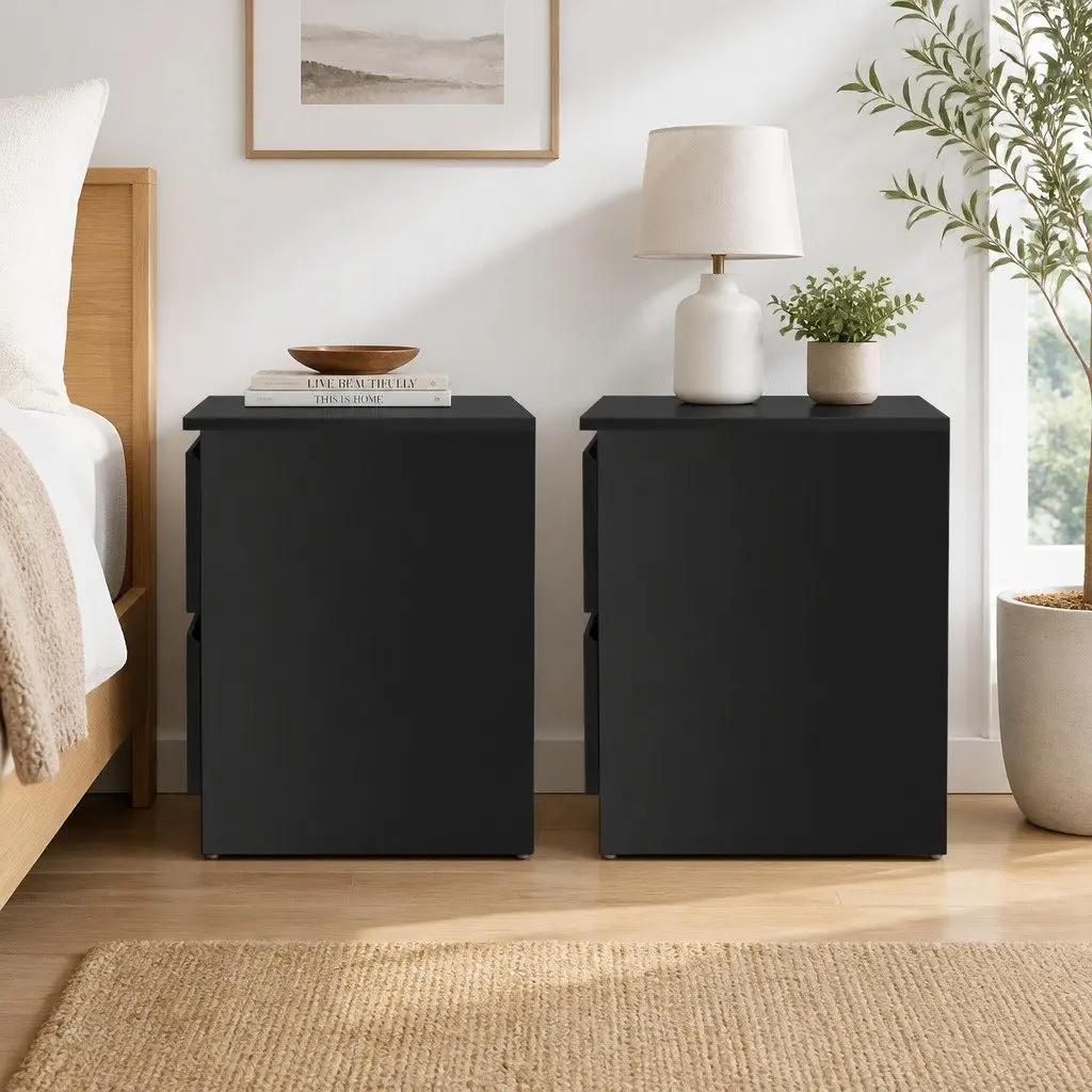 Bedside Table 2 Drawers Black Nightstand Storage Cabinet Bedroom Furniture