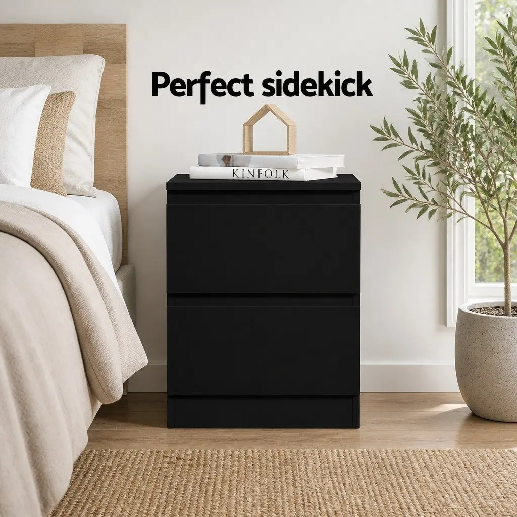 Bedside Table 2 Drawers Black Nightstand Storage Cabinet Bedroom Furniture