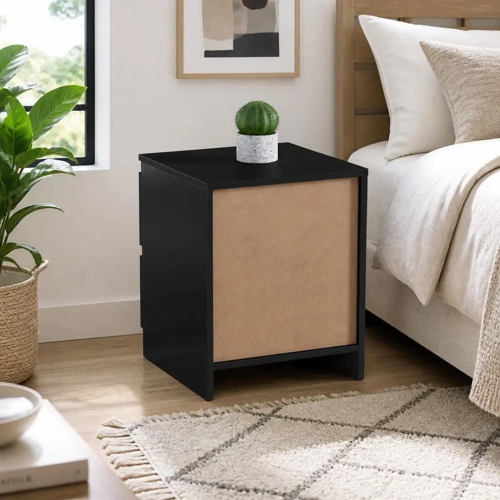 Bedside Table 2 Drawers Black Nightstand Storage Cabinet Bedroom Furniture