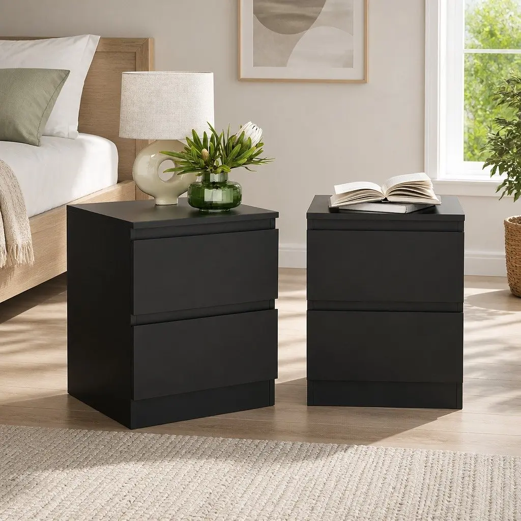 Bedside Table 2 Drawers Black Nightstand Storage Cabinet Bedroom Furniture