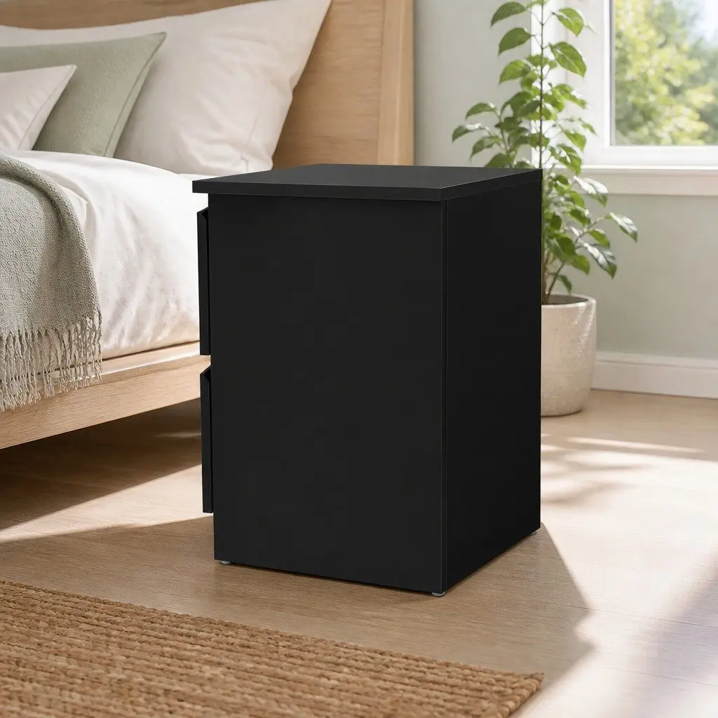 Bedside Table 2 Drawers Black Modern Bedroom Nightstand Storage Furniture