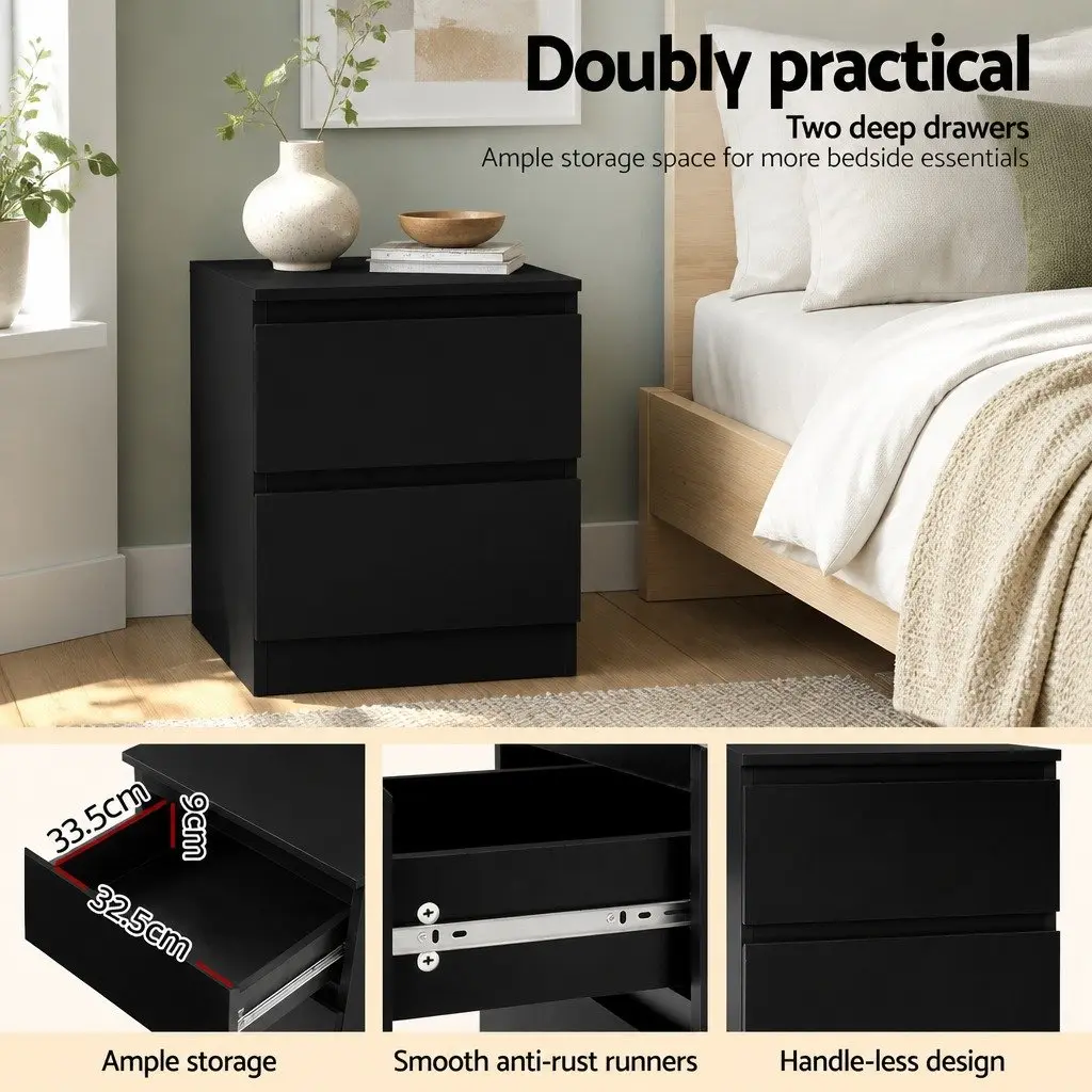 Bedside Table 2 Drawers Black Modern Bedroom Nightstand Storage Furniture