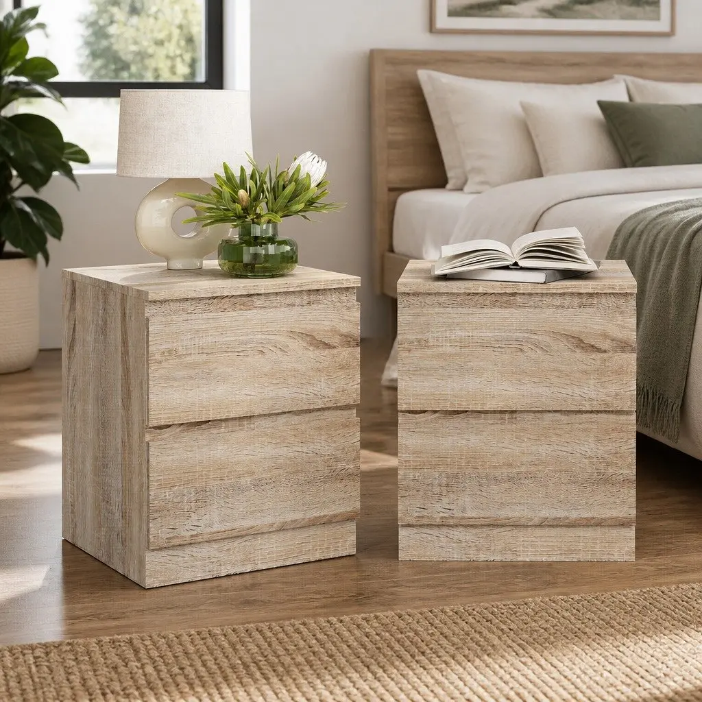 Bedside Table 2 Drawers Oak Wood Bedroom Storage Nightstand Modern Design