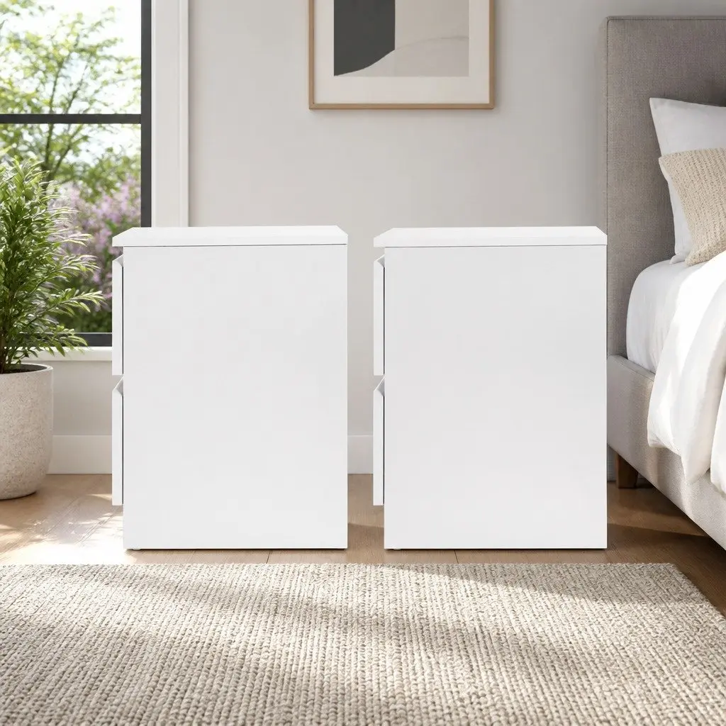 Bedside Table Modern 2 Drawers White 40cm W x 39.5cm D x 50cm H