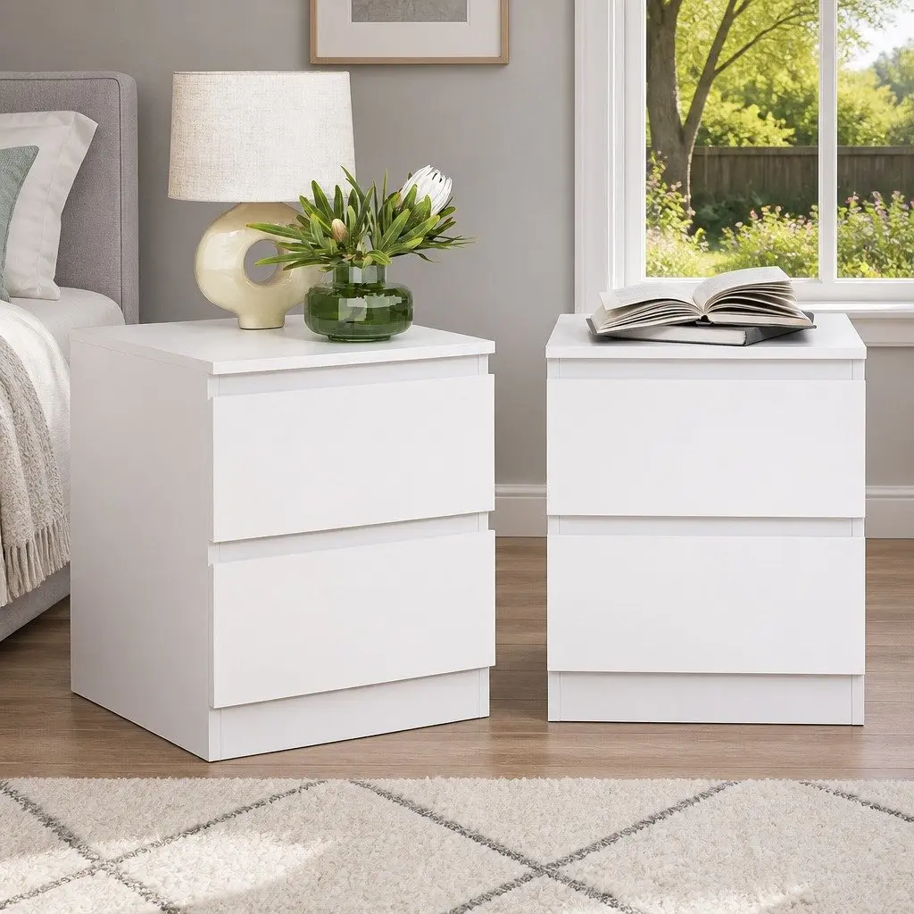 Bedside Table Modern 2 Drawers White 40cm W x 39.5cm D x 50cm H