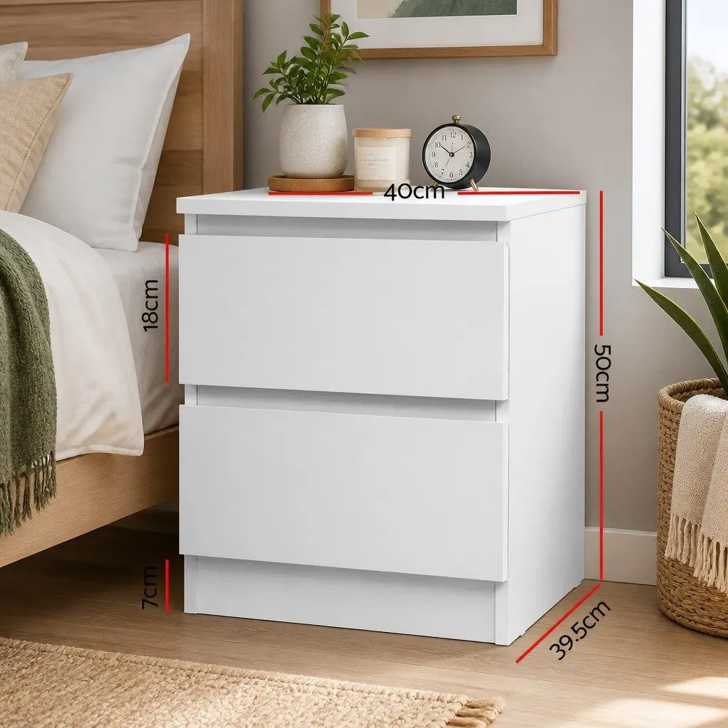 Bedside Table Modern 2 Drawers White Bedroom Storage Nightstand