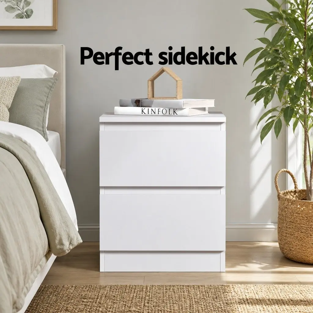 Bedside Table Modern 2 Drawers White Bedroom Storage Nightstand