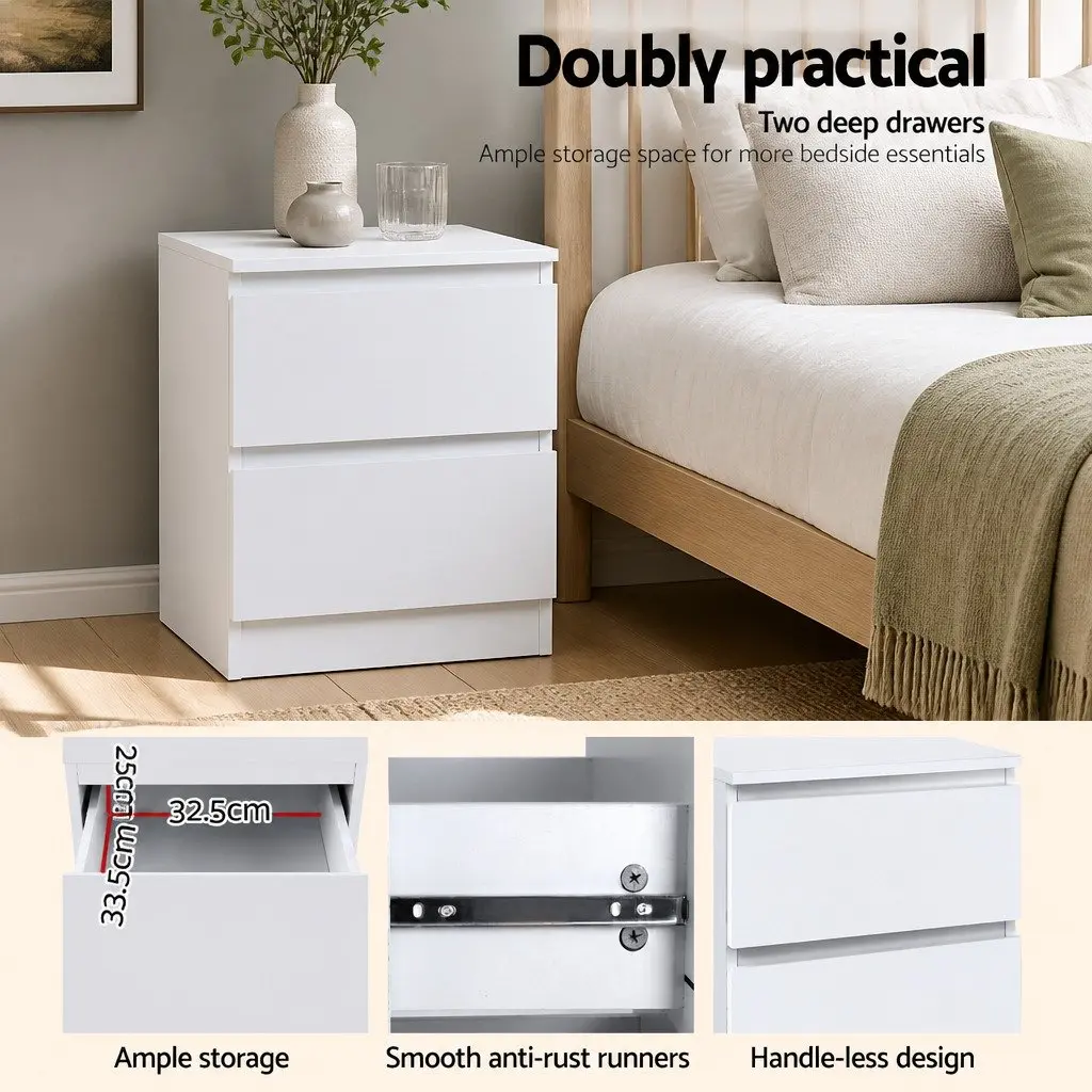 Bedside Table Modern 2 Drawers White Bedroom Storage Nightstand
