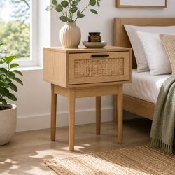 Rattan Drawer Bedside Table with Light Wood Finish