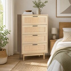 4 Drawer Tallboy Chest with Rattan Pine Wood Design