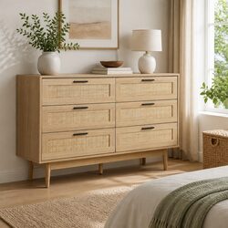 6 Drawer Lowboy Chest with Rattan and Wood Construction