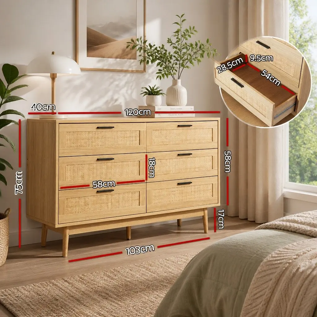 6 Drawer Chest Storage Coastal Bohemian Style Rattan Wood Legs 120cm W