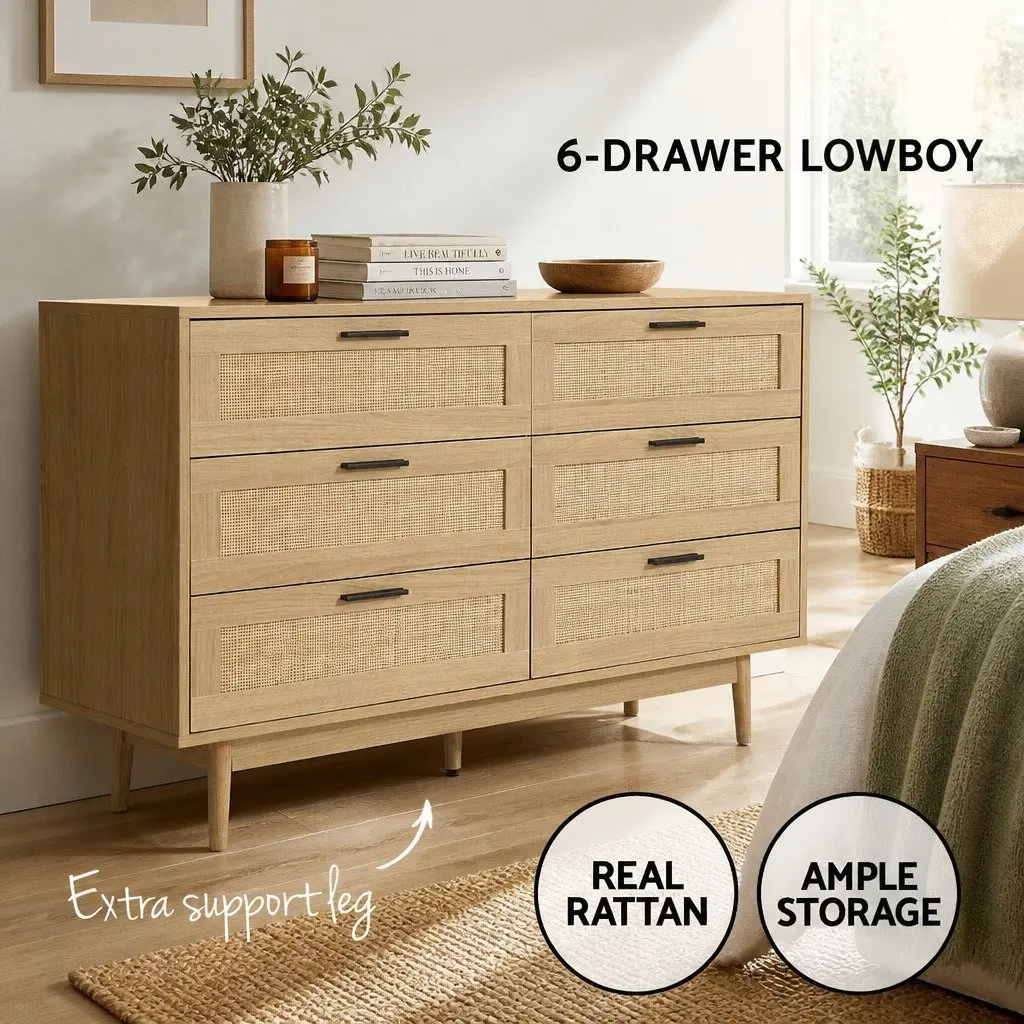 6 Drawer Chest Storage Coastal Bohemian Style Rattan Wood Legs 120cm W