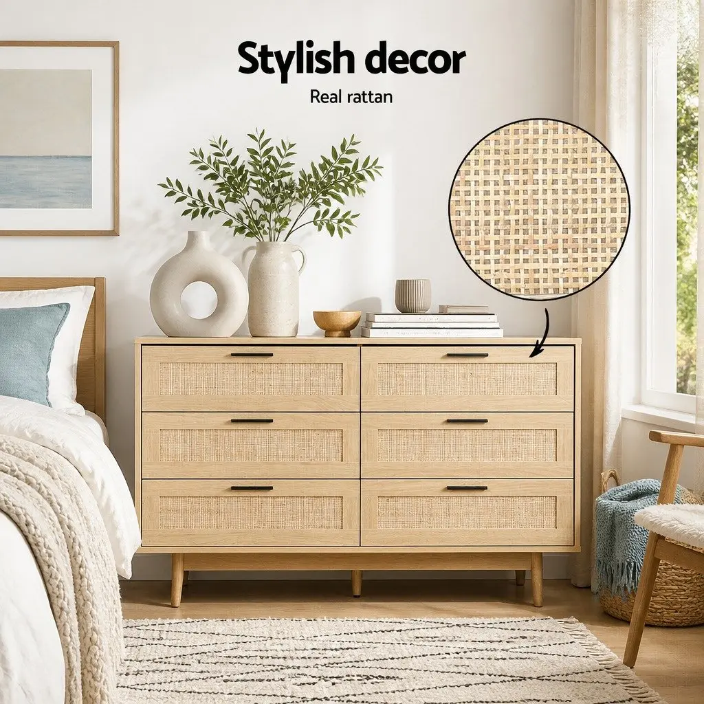 6 Drawer Chest Storage Coastal Bohemian Style Rattan Wood Legs 120cm W