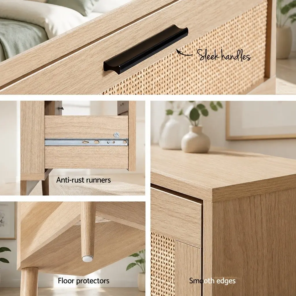 6 Drawer Chest Storage Coastal Bohemian Style Rattan Wood Legs 120cm W