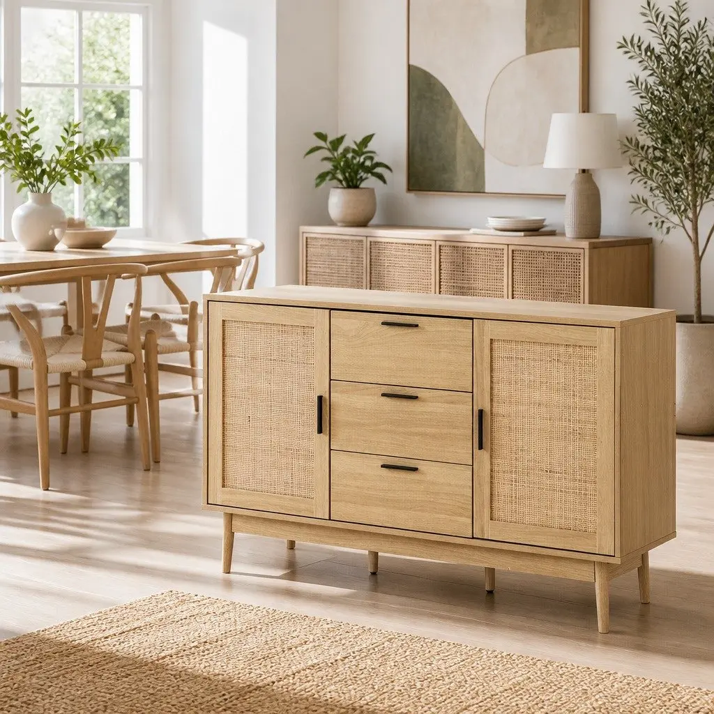 Rattan Buffet Sideboard Storage Cabinet Adjustable Shelves 130cm Wood