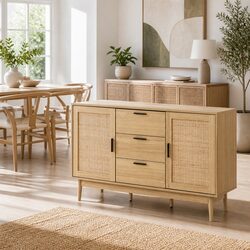 Buffet Sideboard with Rattan Finish and Adjustable Storage