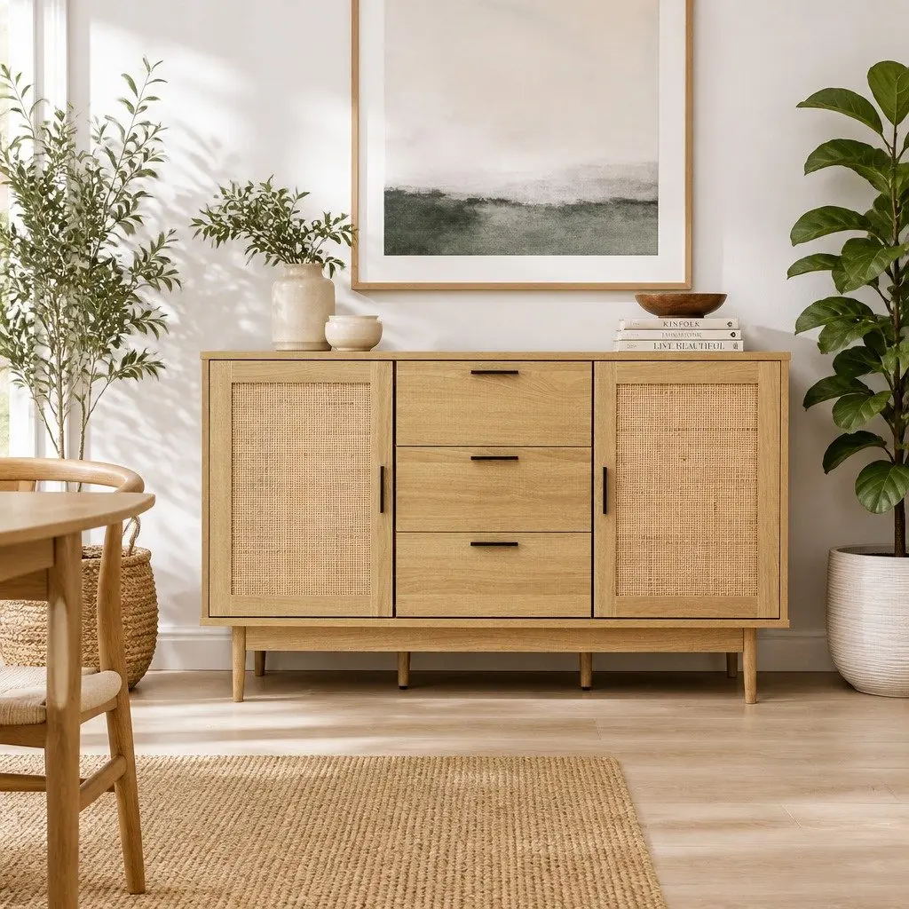 Rattan Buffet Sideboard Storage Cabinet Adjustable Shelves 130cm Wood
