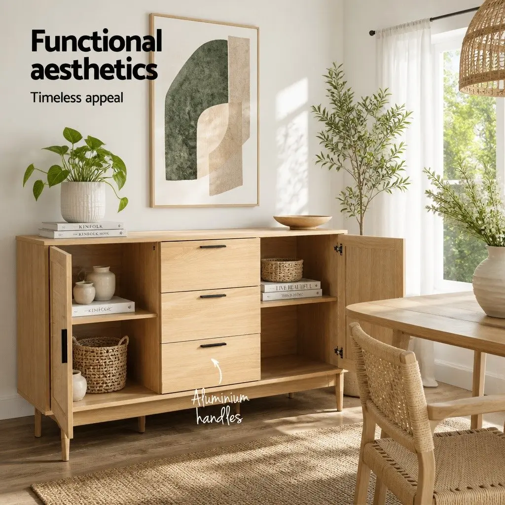Rattan Buffet Sideboard Storage Cabinet Adjustable Shelves 130cm Wood