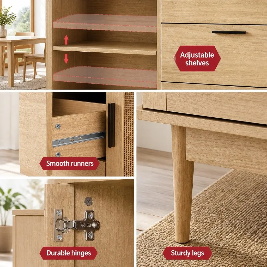 Rattan Buffet Sideboard Storage Cabinet Adjustable Shelves 130cm Wood