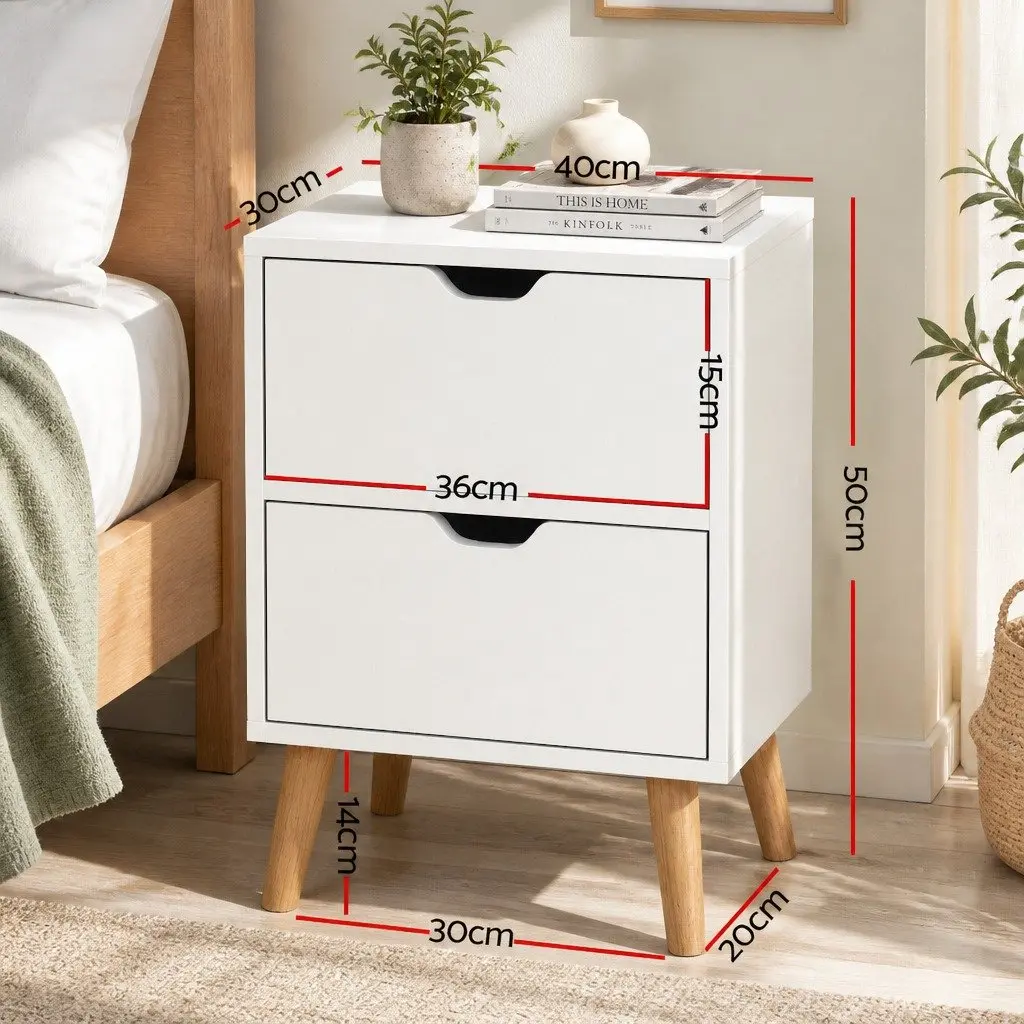 Bedside Table Modern Storage 2 Drawers White 40cm W x 30cm D x 50cm H