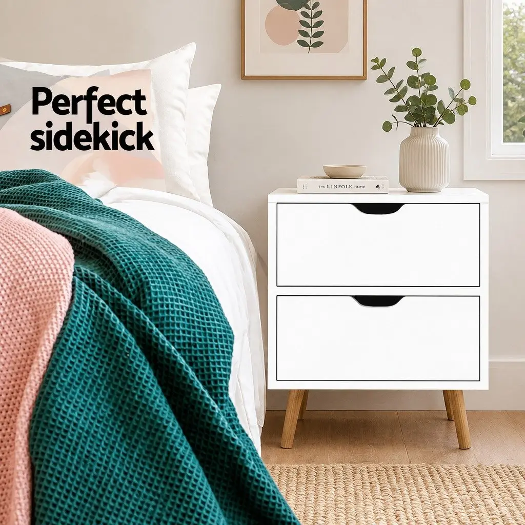 Bedside Table Modern Storage 2 Drawers White 40cm W x 30cm D x 50cm H