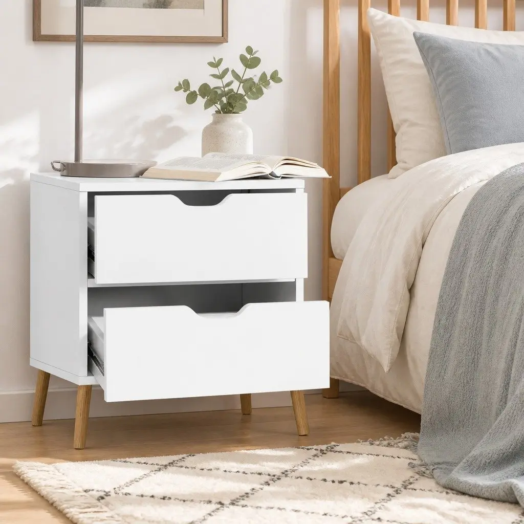 Bedside Table Modern Storage 2 Drawers White 40cm W x 30cm D x 50cm H