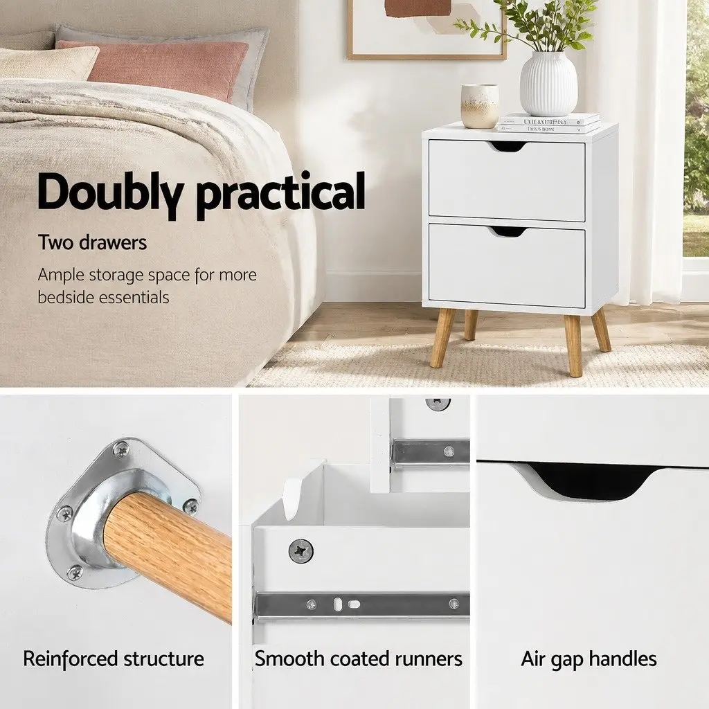 Bedside Table Modern Storage 2 Drawers White 40cm W x 30cm D x 50cm H