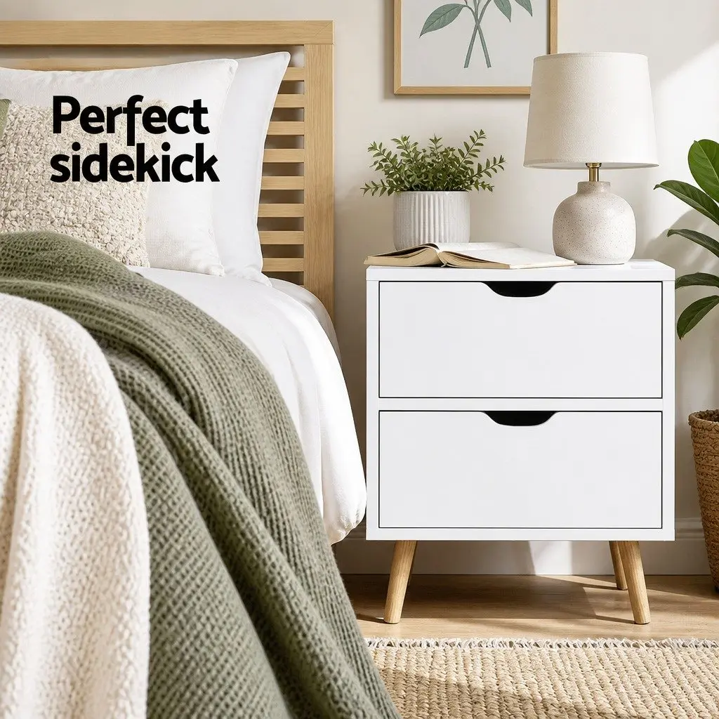 Bedside Table 2 Drawers Scandinavian Design Splayed Legs Storage White