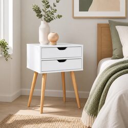 White Bedside Table with 2 Drawers and Splayed Legs