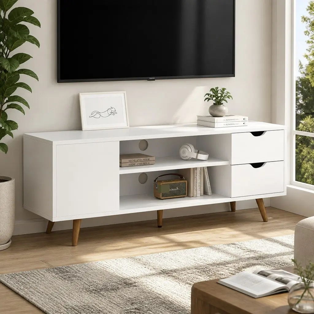 120cm White TV Entertainment Unit with Drawers and Shelves