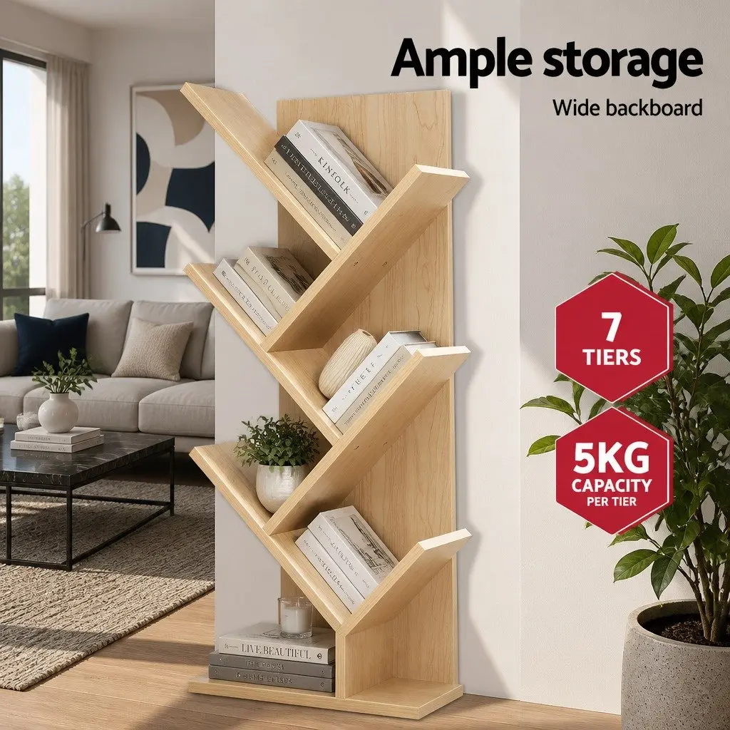 Tree Bookshelf Storage Display Unit Freestanding Natural Oak 7 Tier