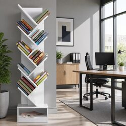 9-Tier White Tree Bookshelf with Storage Options