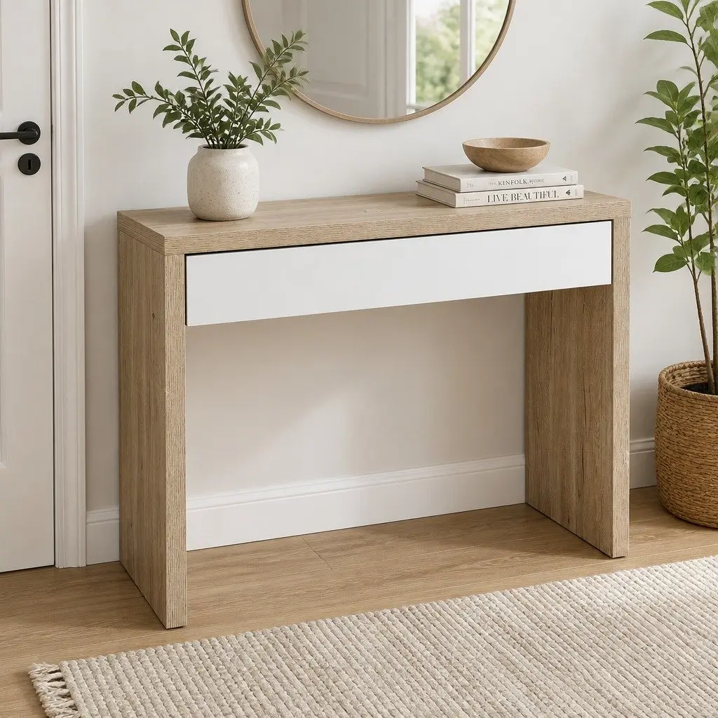 Console Table Two-Tone Storage Drawer 100cm White Pine