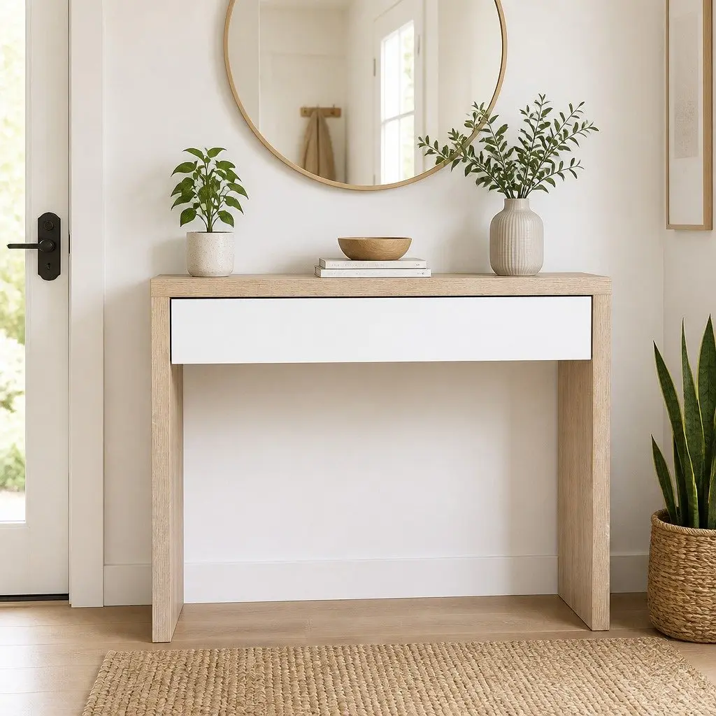 Console Table Two-Tone Storage Drawer 100cm White Pine