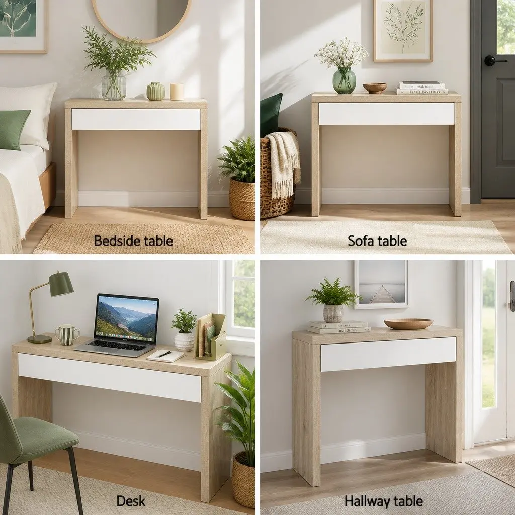 Console Table Two-Tone Storage Drawer 100cm White Pine