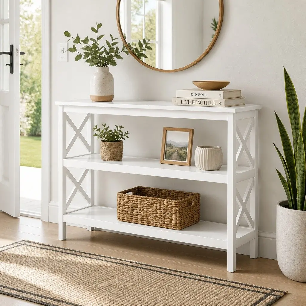 3-Tier Console Table White Shelving Unit for Hallway Display Storage