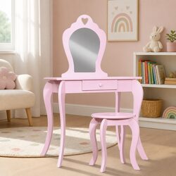 Kids Vanity Dressing Table Stool Set with Mirror in Pink