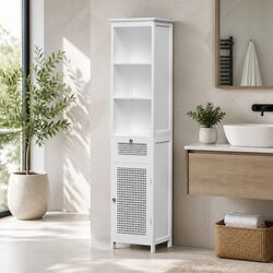 161cm White Rattan Tallboy Cupboard for Bathroom Storage