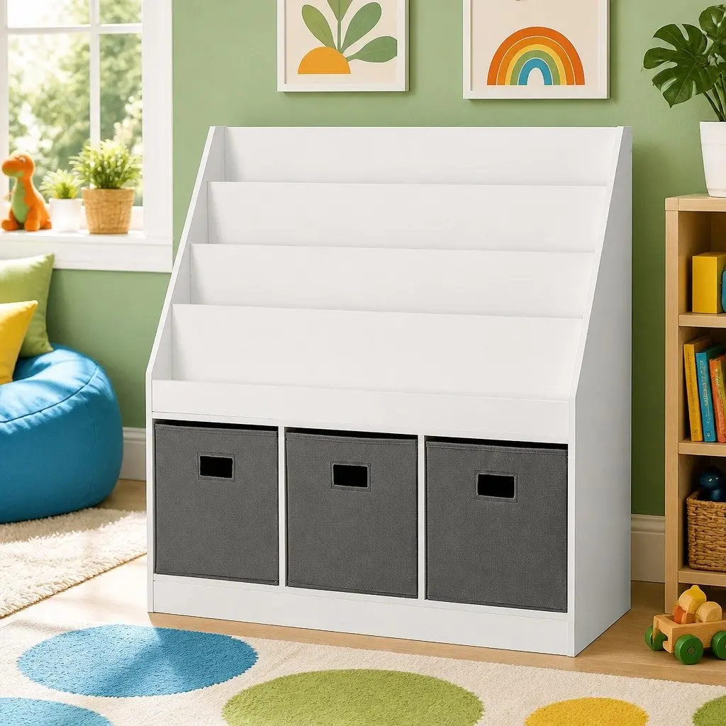 Kids Bookshelf 4 Tier Organiser White and Grey with Removable Storage Bins 92cm High