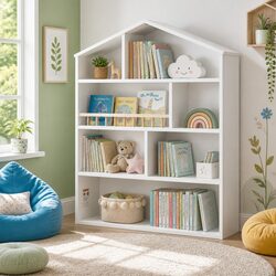 4-Tier Kids Bookshelf with Open Shelving and House Design