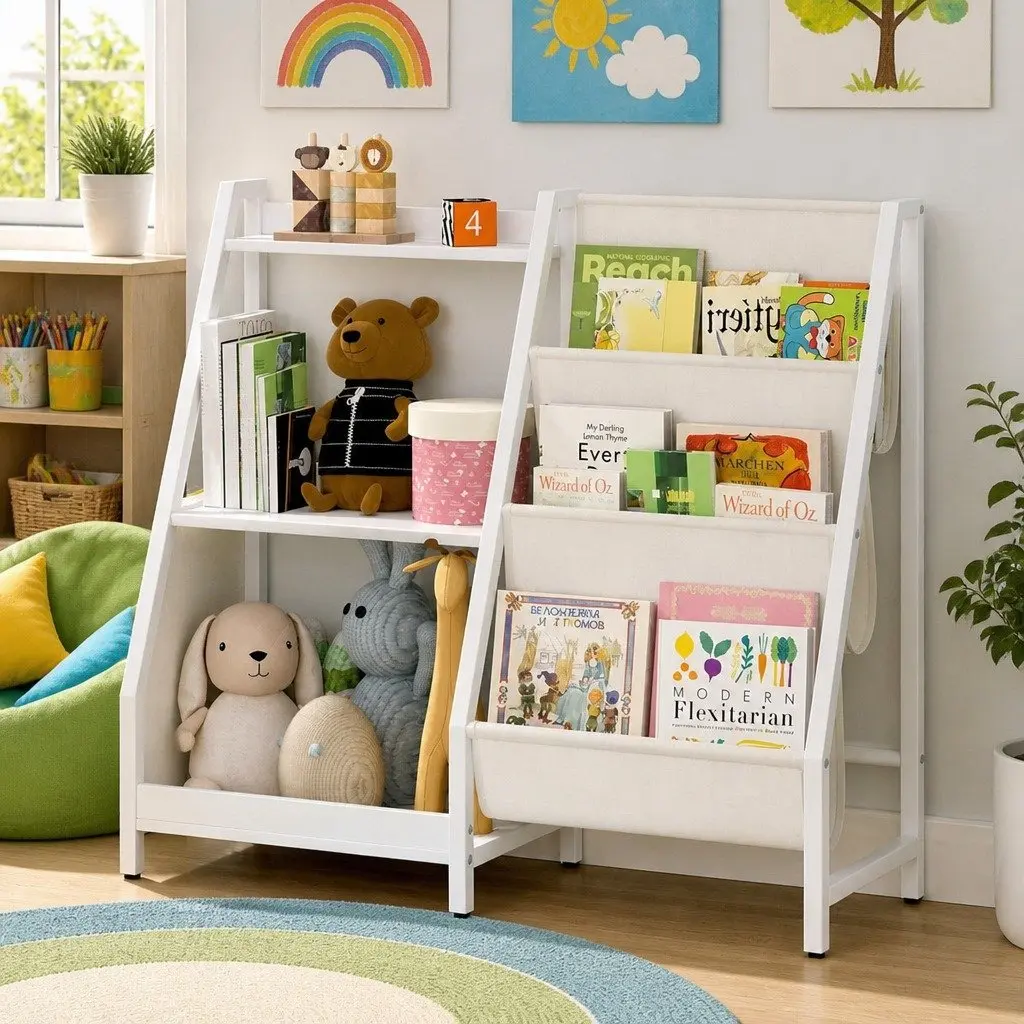Kids Bookshelf Open Storage 3-Tier Sling Rack White Organizer Display for Toys and Books