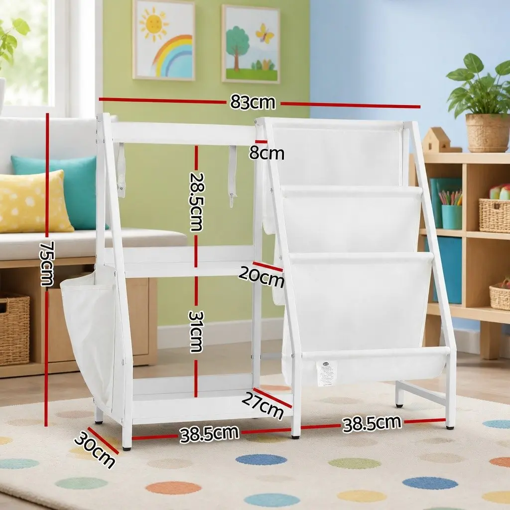 Kids Bookshelf Open Storage 3-Tier Sling Rack White Organizer Display for Toys and Books