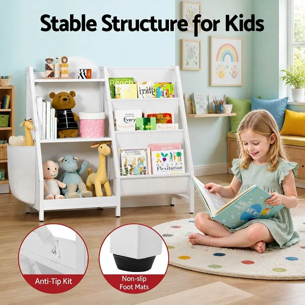 Kids Bookshelf Open Storage 3-Tier Sling Rack White Organizer Display for Toys and Books